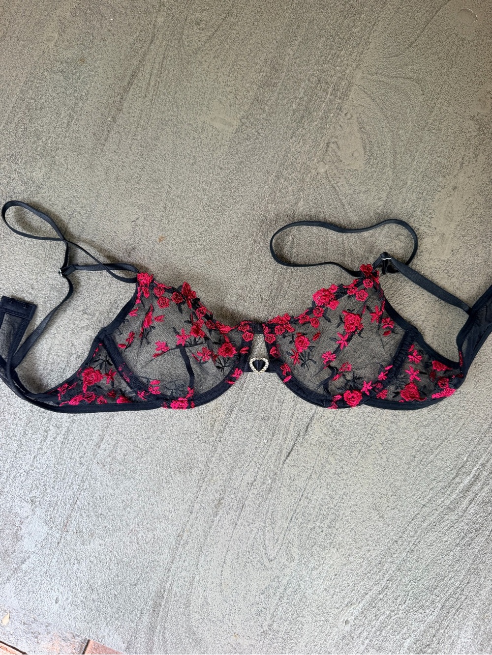 Victoria's Secret Black Sheer Bra with Red Floral Embroidery